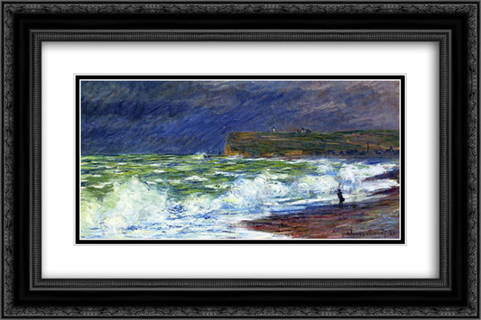 The Beach at Fecamp 24x16 Black Ornate Wood Framed Art Print Poster with Double Matting by Monet, Claude