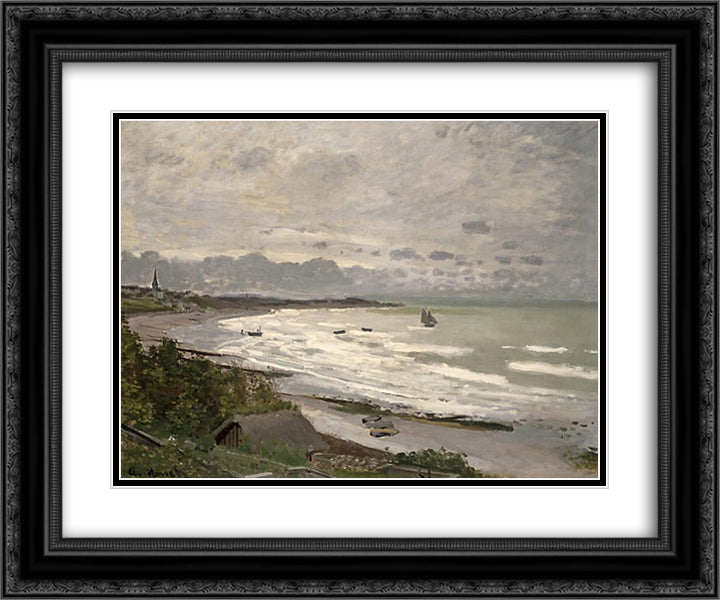 The Beach at Saint-Adresse 24x20 Black Ornate Wood Framed Art Print Poster with Double Matting by Monet, Claude