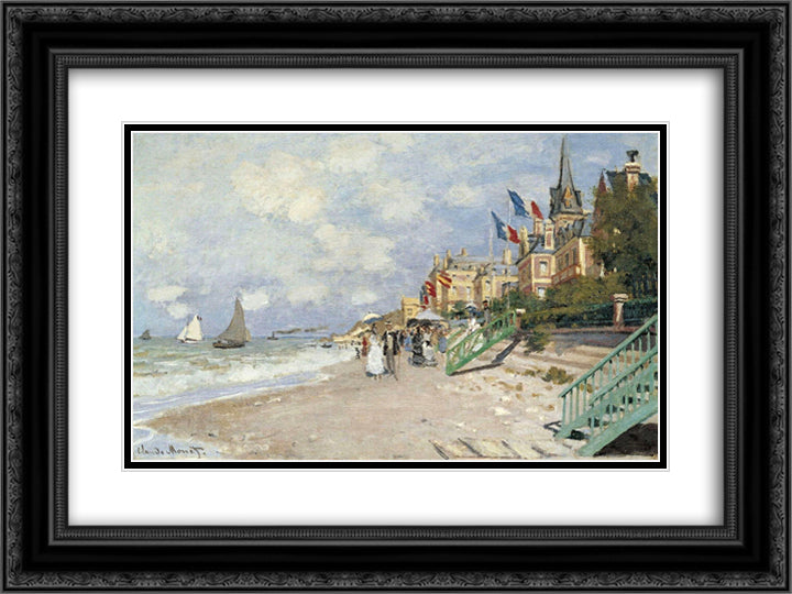The Boardwalk on the Beach at Trouville 24x18 Black Ornate Wood Framed Art Print Poster with Double Matting by Monet, Claude