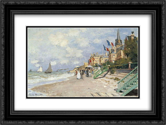 The Boardwalk on the Beach at Trouville 24x18 Black Ornate Wood Framed Art Print Poster with Double Matting by Monet, Claude