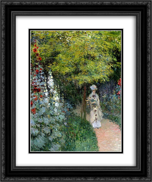 The Garden, Hollyhocks 20x24 Black Ornate Wood Framed Art Print Poster with Double Matting by Monet, Claude