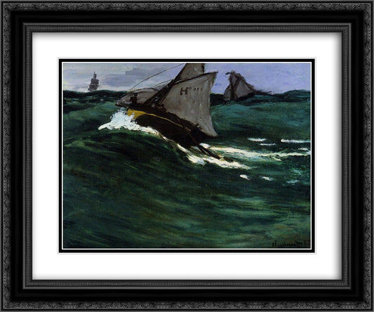 The Green Wave 24x20 Black Ornate Wood Framed Art Print Poster with Double Matting by Monet, Claude
