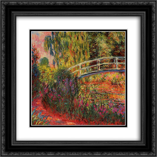 The Japanese Bridge (The Water-Lily Pond, Water Irises) 20x20 Black Ornate Wood Framed Art Print Poster with Double Matting by Monet, Claude