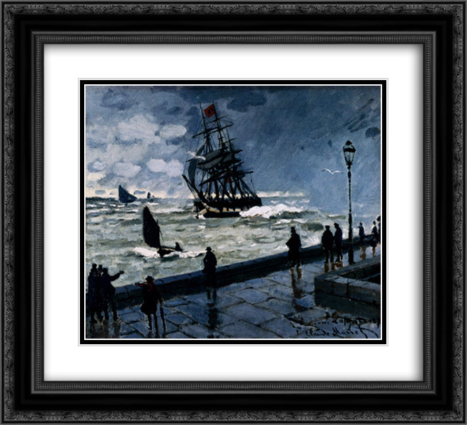 The Jetty at Le Havre, Bad Weather 22x20 Black Ornate Wood Framed Art Print Poster with Double Matting by Monet, Claude