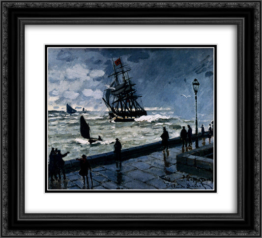 The Jetty at Le Havre, Bad Weather 22x20 Black Ornate Wood Framed Art Print Poster with Double Matting by Monet, Claude