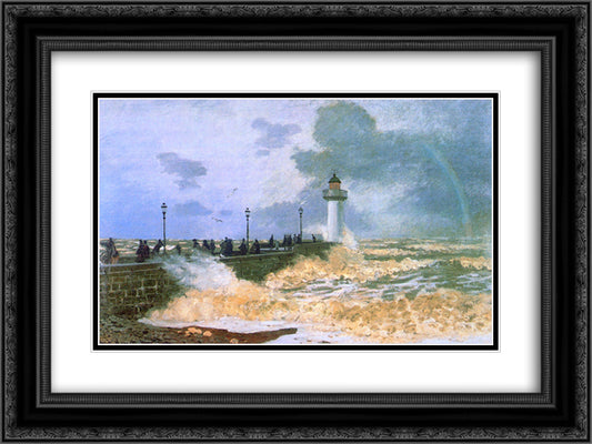 The Jetty at Le Havre 24x18 Black Ornate Wood Framed Art Print Poster with Double Matting by Monet, Claude