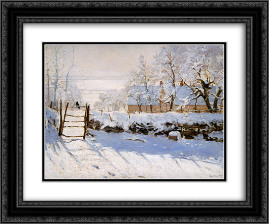The Magpie 24x20 Black Ornate Wood Framed Art Print Poster with Double Matting by Monet, Claude