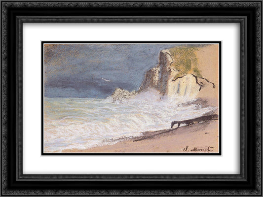 The Manneport, Etretat - Amont Cliff, Rough Weather 24x18 Black Ornate Wood Framed Art Print Poster with Double Matting by Monet, Claude