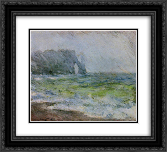 The Manneport, Etretat in the Rain 22x20 Black Ornate Wood Framed Art Print Poster with Double Matting by Monet, Claude