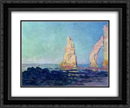 The Needle of Etretat, Low Tide 24x20 Black Ornate Wood Framed Art Print Poster with Double Matting by Monet, Claude