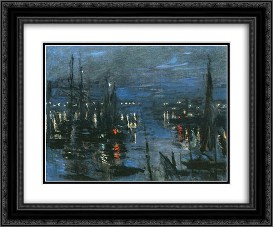 The Port of Le Havre, Night Effect 24x20 Black Ornate Wood Framed Art Print Poster with Double Matting by Monet, Claude
