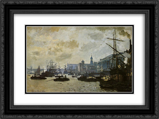 The Port of London 24x18 Black Ornate Wood Framed Art Print Poster with Double Matting by Monet, Claude