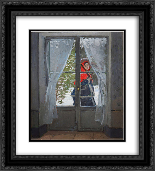 The Red Cape (Madame Monet) 20x22 Black Ornate Wood Framed Art Print Poster with Double Matting by Monet, Claude