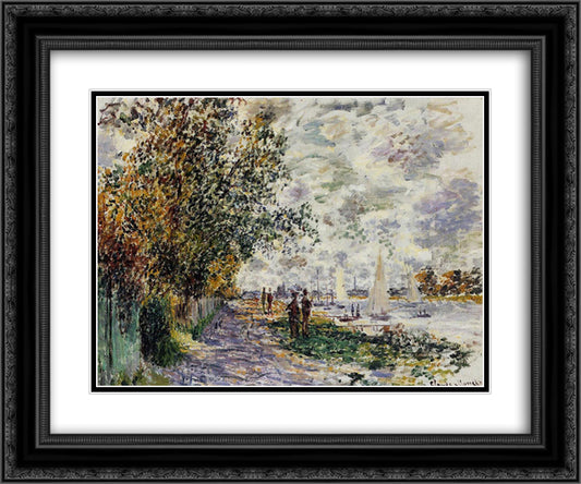 The Riverbank at Petit-Gennevilliers 24x20 Black Ornate Wood Framed Art Print Poster with Double Matting by Monet, Claude