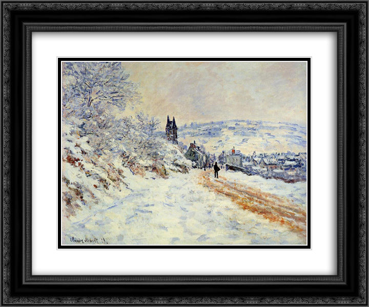 The Road to Vetheuil, Snow Effect 24x20 Black Ornate Wood Framed Art Print Poster with Double Matting by Monet, Claude