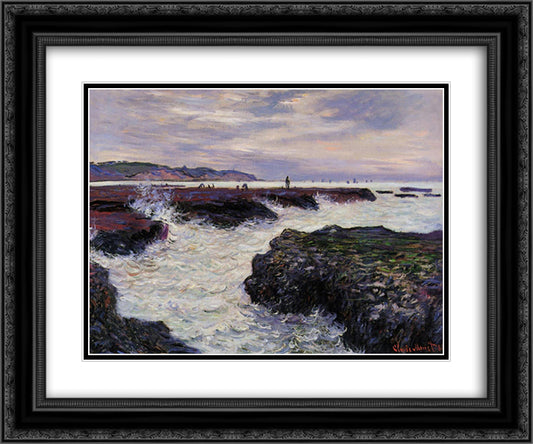 The Rocks at Pourville, Low Tide 24x20 Black Ornate Wood Framed Art Print Poster with Double Matting by Monet, Claude