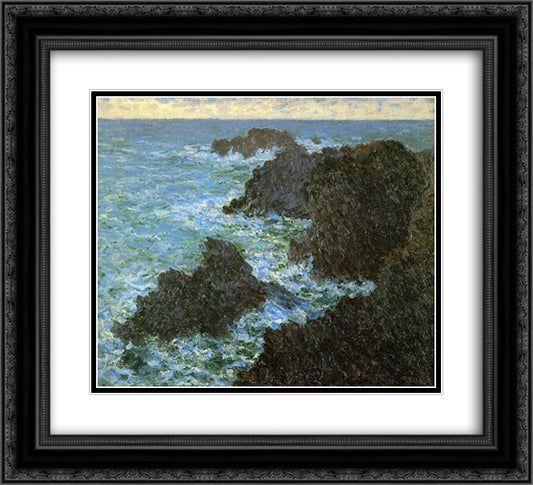 The rocks of Belle-Lle 22x20 Black Ornate Wood Framed Art Print Poster with Double Matting by Monet, Claude