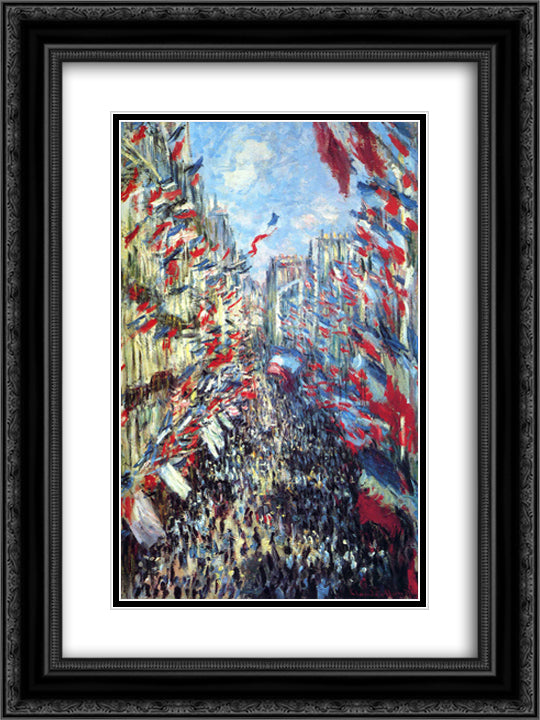 The Rue Montorgueil, Paris 18x24 Black Ornate Wood Framed Art Print Poster with Double Matting by Monet, Claude