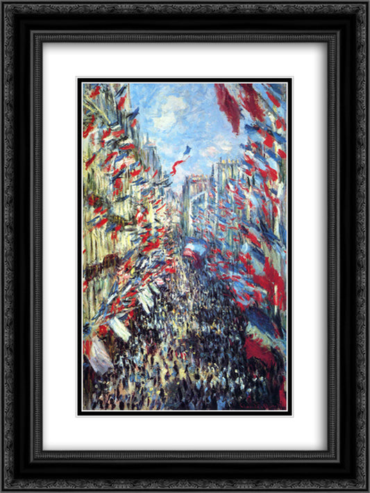 The Rue Montorgueil, Paris 18x24 Black Ornate Wood Framed Art Print Poster with Double Matting by Monet, Claude