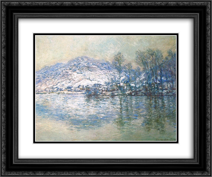 The Seine at Port Villez, Snow Effect 24x20 Black Ornate Wood Framed Art Print Poster with Double Matting by Monet, Claude