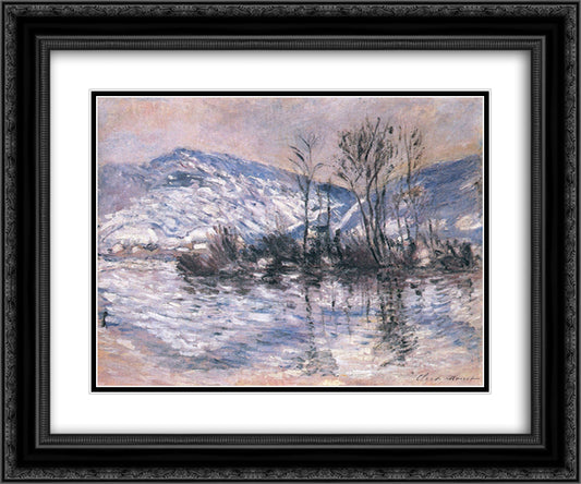 The Seine at Port Villez, Snow Effect 02 24x20 Black Ornate Wood Framed Art Print Poster with Double Matting by Monet, Claude