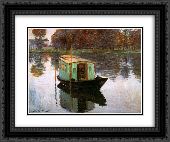 The Studio-Boat 24x20 Black Ornate Wood Framed Art Print Poster with Double Matting by Monet, Claude