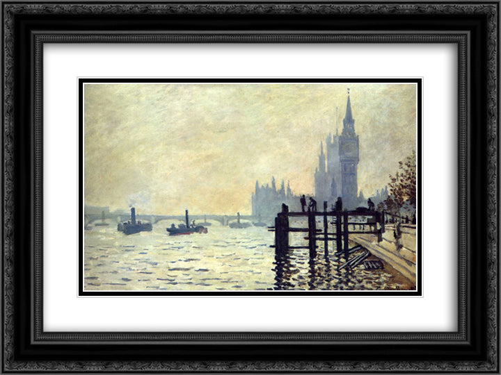 The Thames below Westminster 24x18 Black Ornate Wood Framed Art Print Poster with Double Matting by Monet, Claude