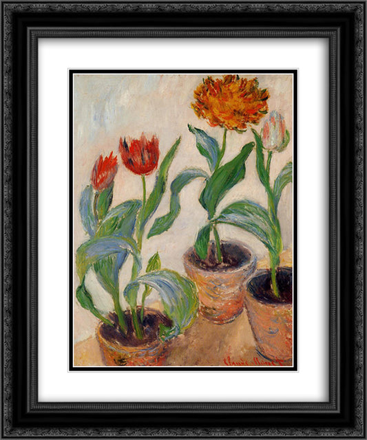Three Pots of Tulips 20x24 Black Ornate Wood Framed Art Print Poster with Double Matting by Monet, Claude