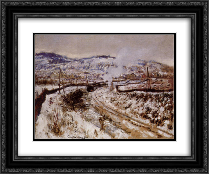 Train in the Snow at Argenteuil 24x20 Black Ornate Wood Framed Art Print Poster with Double Matting by Monet, Claude