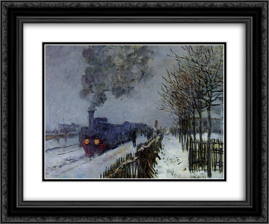 Train in the Snow or The Locomotive 24x20 Black Ornate Wood Framed Art Print Poster with Double Matting by Monet, Claude