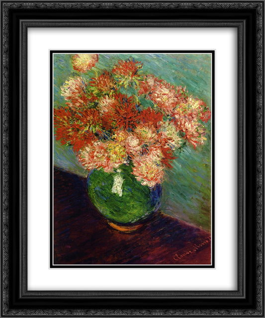 Vase of Chrysanthemums 20x24 Black Ornate Wood Framed Art Print Poster with Double Matting by Monet, Claude