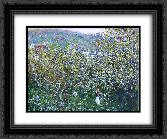 Vetheuil, Flowering Plum Trees 24x20 Black Ornate Wood Framed Art Print Poster with Double Matting by Monet, Claude