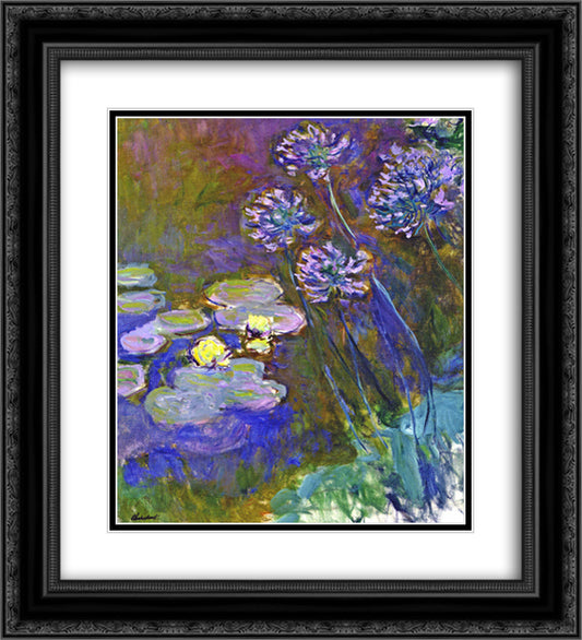 Water Lilies and Agapanthus 20x22 Black Ornate Wood Framed Art Print Poster with Double Matting by Monet, Claude