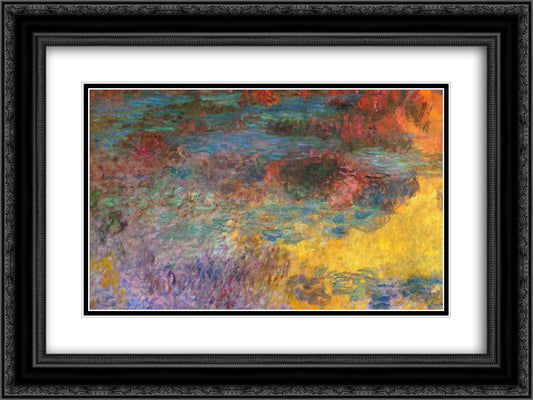 Water Lily Pond, Evening (left panel) 24x18 Black Ornate Wood Framed Art Print Poster with Double Matting by Monet, Claude