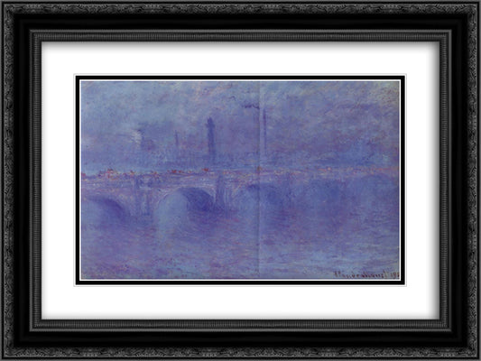 Waterloo Bridge, Effect of Fog 24x18 Black Ornate Wood Framed Art Print Poster with Double Matting by Monet, Claude