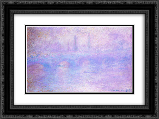Waterloo Bridge, Fog 24x18 Black Ornate Wood Framed Art Print Poster with Double Matting by Monet, Claude