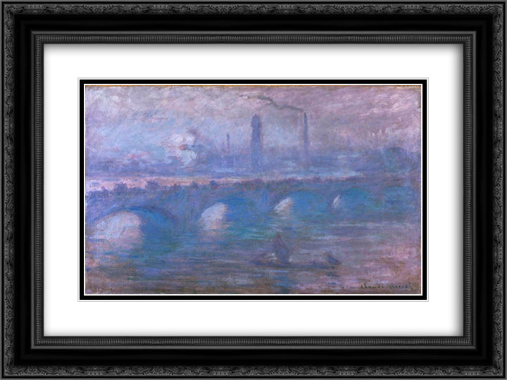 Waterloo Bridge, Misty Morning 24x18 Black Ornate Wood Framed Art Print Poster with Double Matting by Monet, Claude