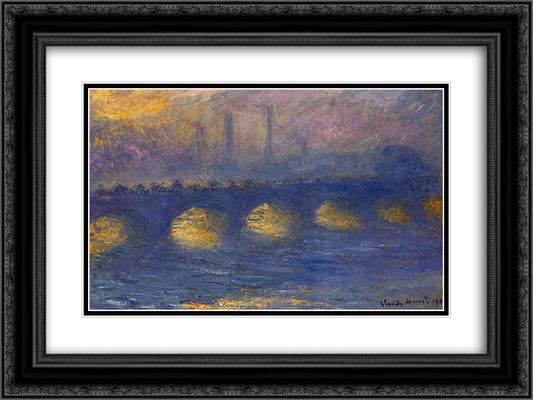 Waterloo Bridge, Overcast Weather 24x18 Black Ornate Wood Framed Art Print Poster with Double Matting by Monet, Claude
