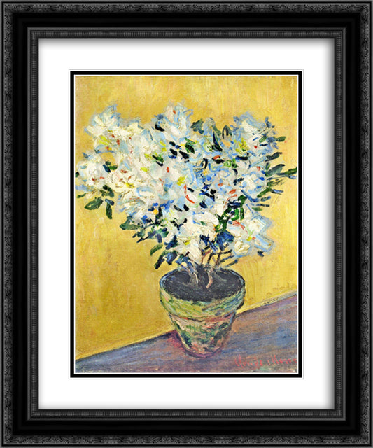White Azaleas in a Pot 20x24 Black Ornate Wood Framed Art Print Poster with Double Matting by Monet, Claude