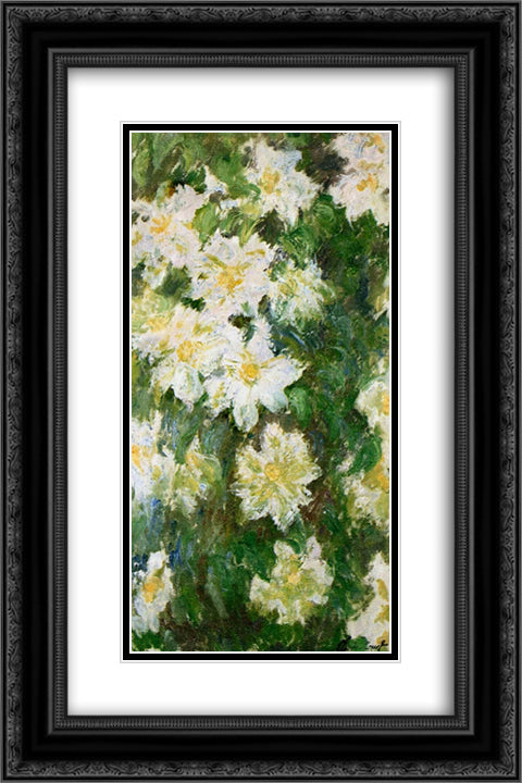 White Clematis 16x24 Black Ornate Wood Framed Art Print Poster with Double Matting by Monet, Claude
