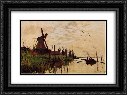 Windmill at Zaandam 24x18 Black Ornate Wood Framed Art Print Poster with Double Matting by Monet, Claude