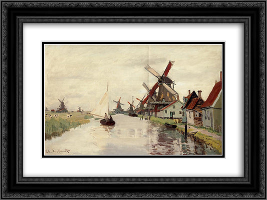 Windmills in Holland 24x18 Black Ornate Wood Framed Art Print Poster with Double Matting by Monet, Claude