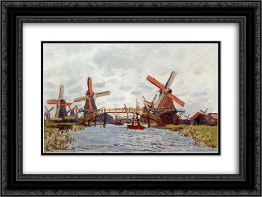 Windmills near Zaandam 24x18 Black Ornate Wood Framed Art Print Poster with Double Matting by Monet, Claude