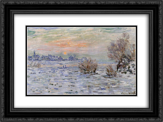 Winter on the Seine, Lavacourt 24x18 Black Ornate Wood Framed Art Print Poster with Double Matting by Monet, Claude