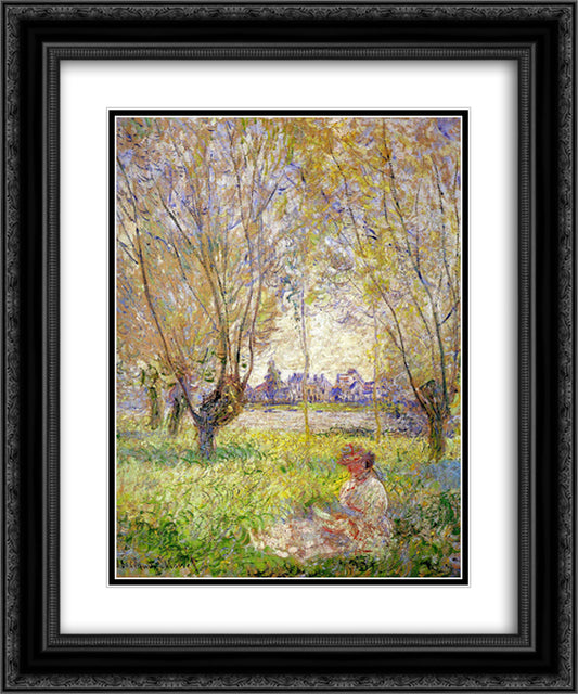 Woman Sitting under the Willows 20x24 Black Ornate Wood Framed Art Print Poster with Double Matting by Monet, Claude