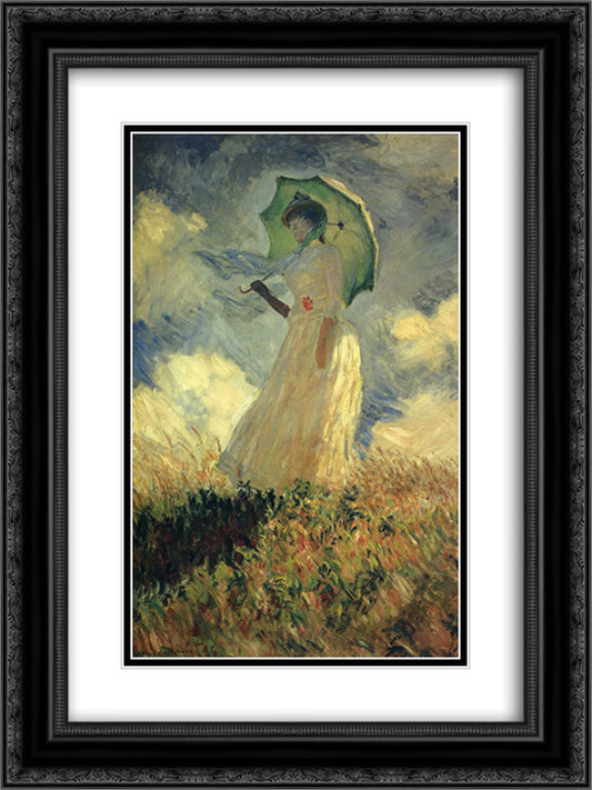 Woman with a Parasol (also known as Study of a Figure Outdoors (Facing Left)) 18x24 Black Ornate Wood Framed Art Print Poster with Double Matting by Monet, Claude