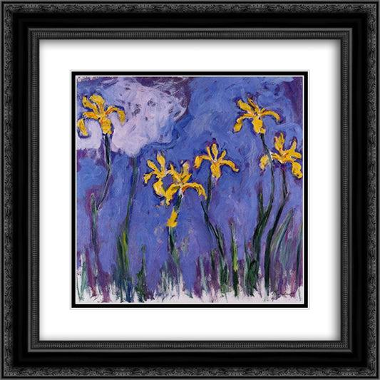 Yellow Irises with Pink Cloud 20x20 Black Ornate Wood Framed Art Print Poster with Double Matting by Monet, Claude
