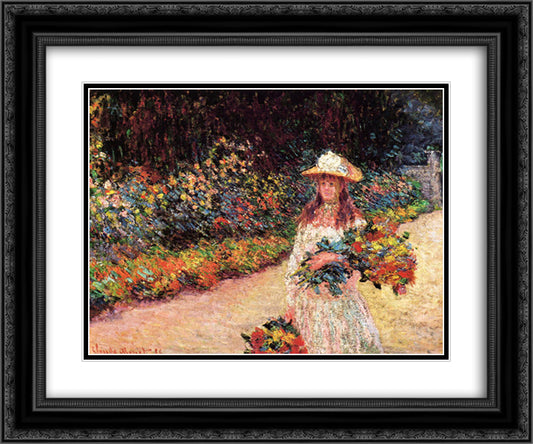 Young Girl in the Garden at Giverny 24x20 Black Ornate Wood Framed Art Print Poster with Double Matting by Monet, Claude