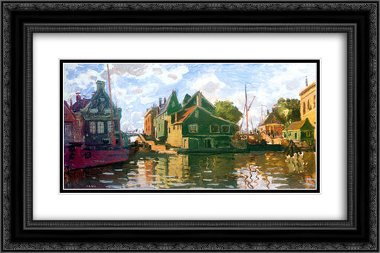 Zaandam, Canal 24x16 Black Ornate Wood Framed Art Print Poster with Double Matting by Monet, Claude