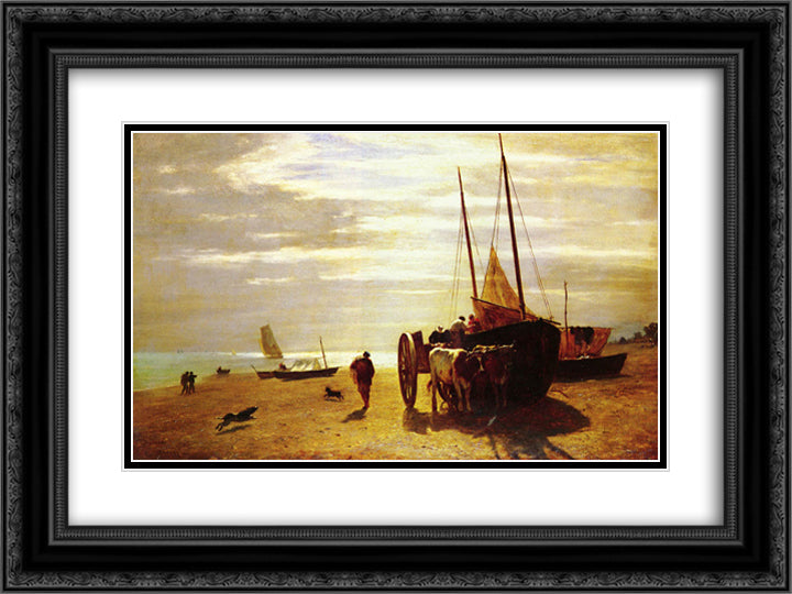 Beach At Trouville 24x18 Black Ornate Wood Framed Art Print Poster with Double Matting by Troyon, Constant
